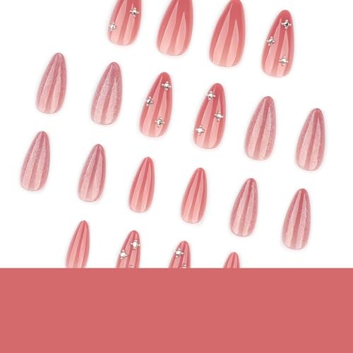 Nude Pink Cat Eye Press On Nails Almond Medium, Glossy Milky Pink A21-pink