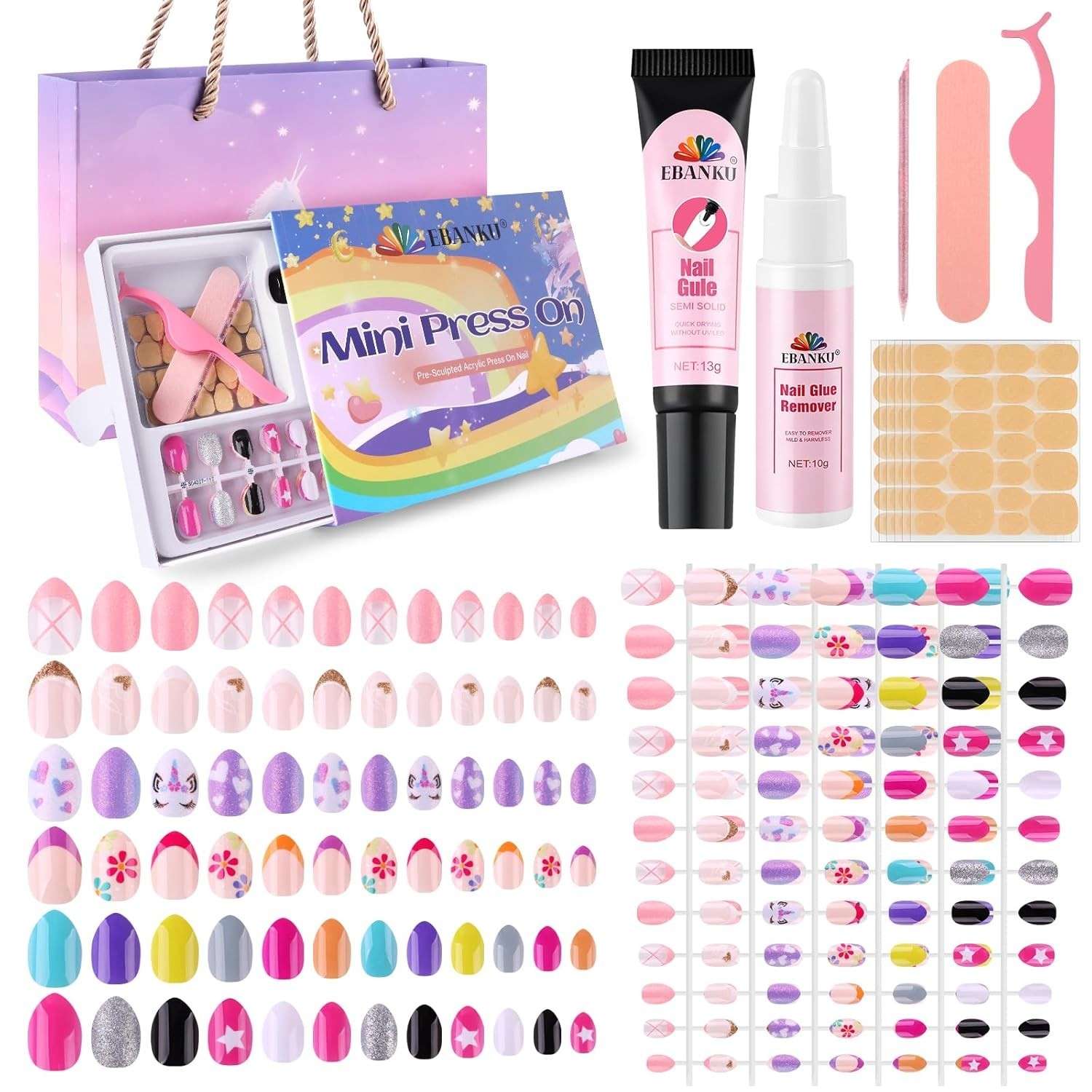 156 Pcs Press on Nail Kids Gift Box, 6 Pack Cute Patterns Kid Flase Nails Kit…