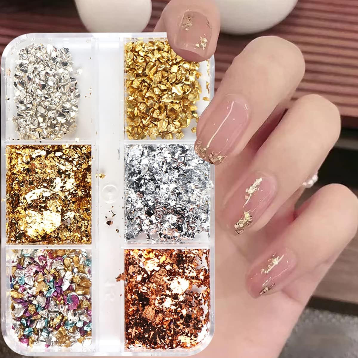 6 Colors Metallic Nail Art Foil Holographic Dazzling Irregular Nail Sequins Gold