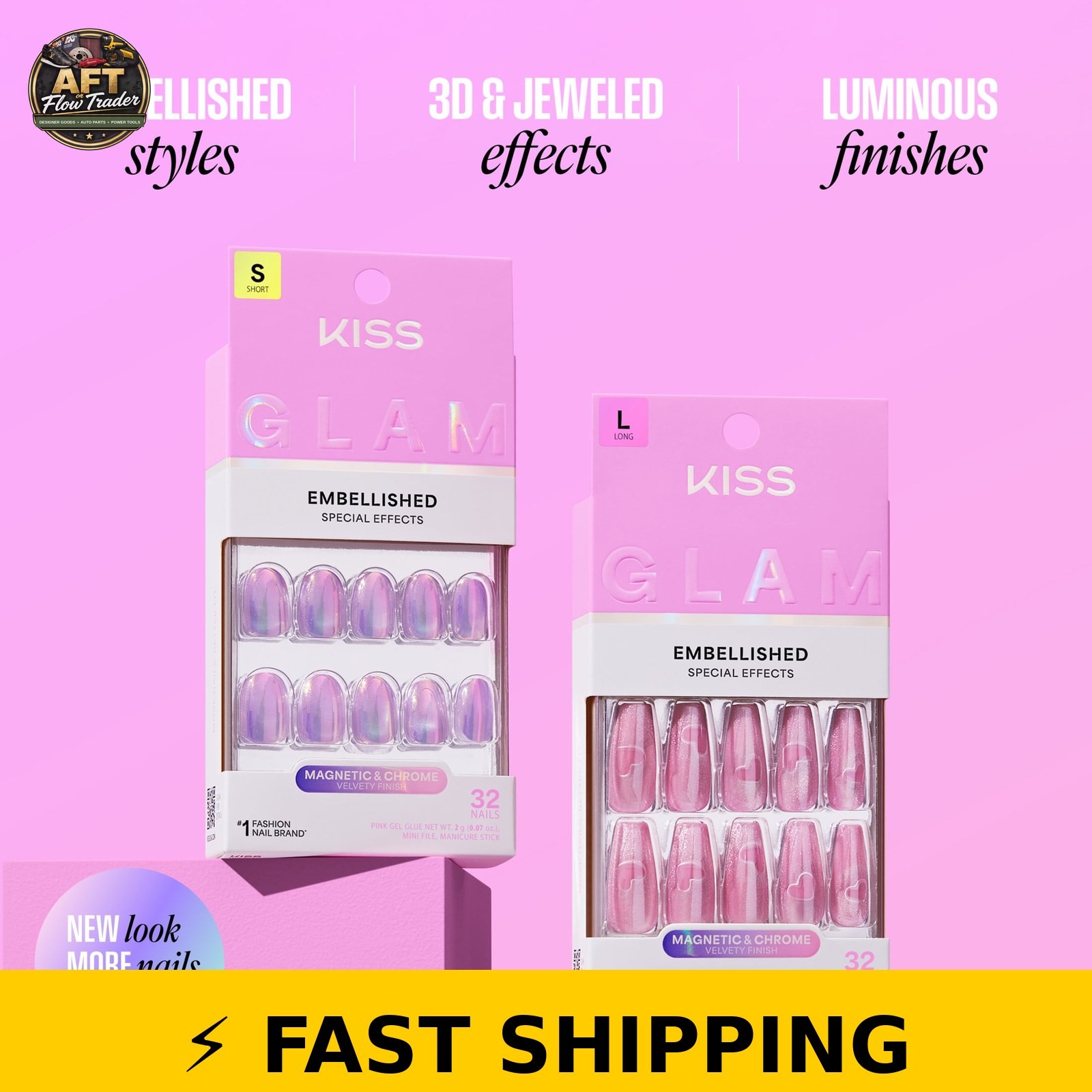 Kiss Glam Press On Nails Almond ‘Stardust Wonder’ Pink Medium 32 Count