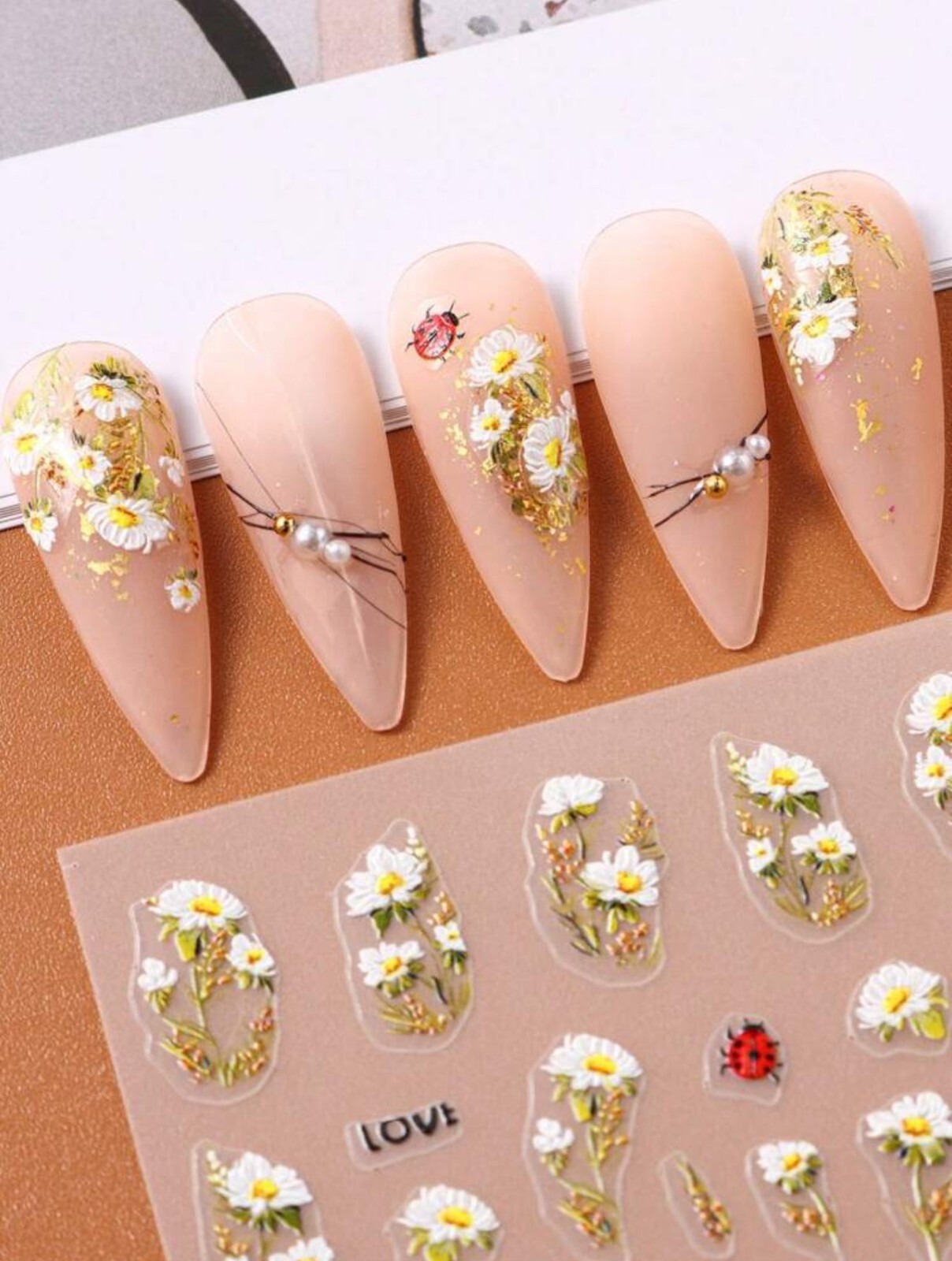 5D Nail Art Stickers Decals Embossed Flowers Floral Daisy Ladybird Summer Spring