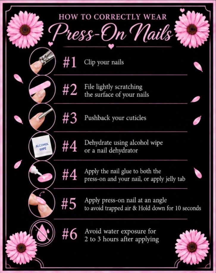 Press-On Nails French Floral Pink/White Short Almond Plastic, Glue Included