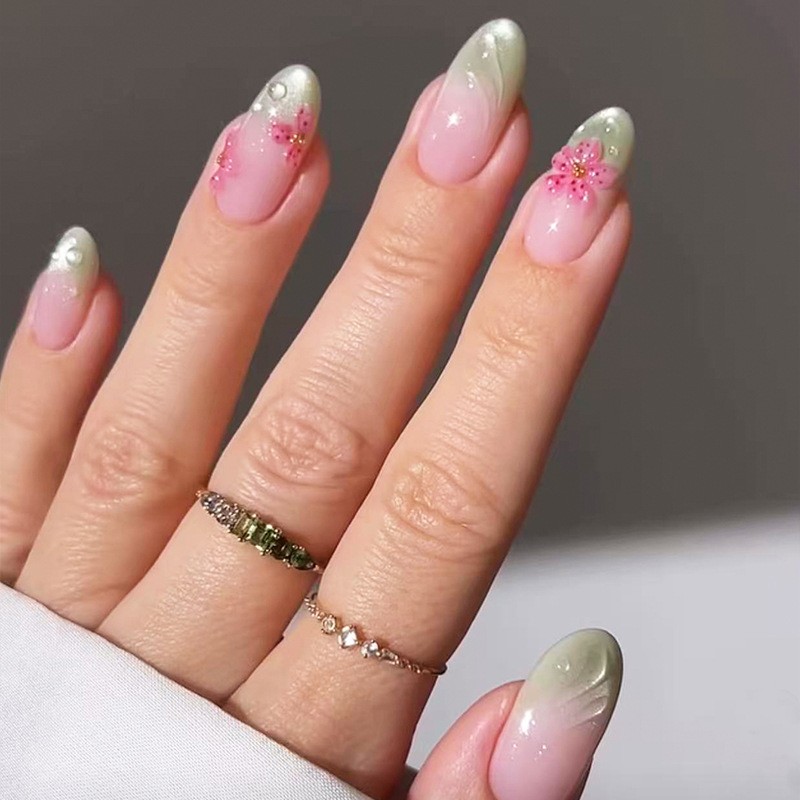 48pcs Almond Press on Nails,Light Green Gradient Hand Paint Cherry Blossom Nails