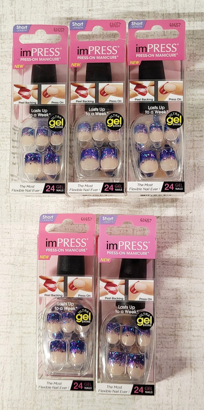Kiss Impress Press-On Nails 24 Gel Nails Ultra Shine GLITZ & GLAMOUR – LOT OF 5