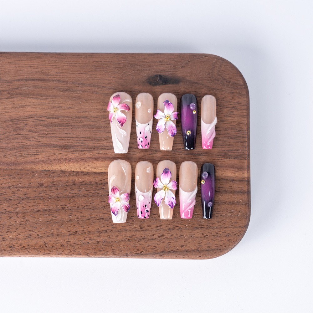 Handmade Press On Nails Purple Gradient Floral Rhinestone Long Coffin Fake Nails