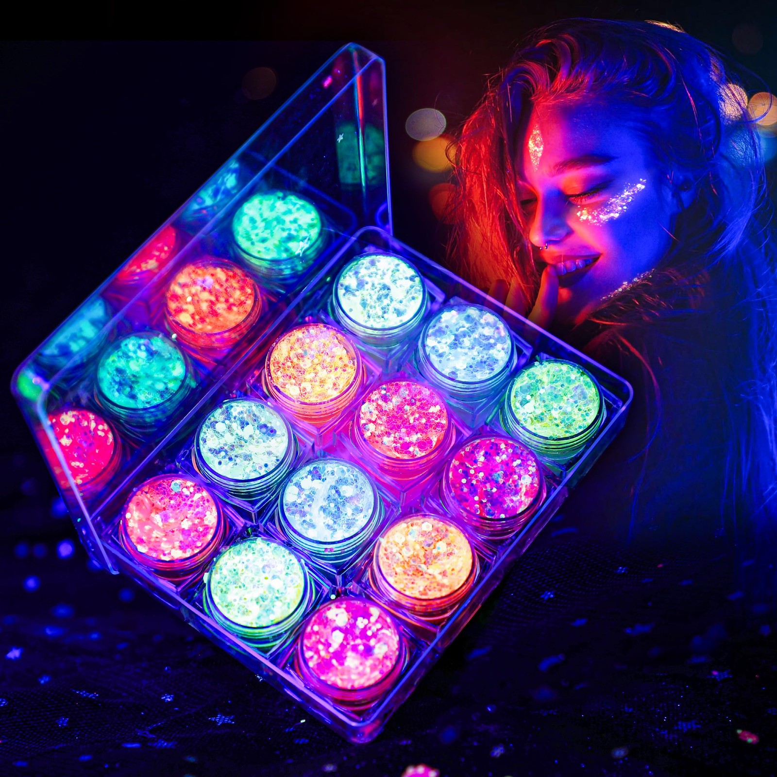 12 Colors Glow In The Dark UV Black Light Body Face Chunky Fine Glitter Gel
