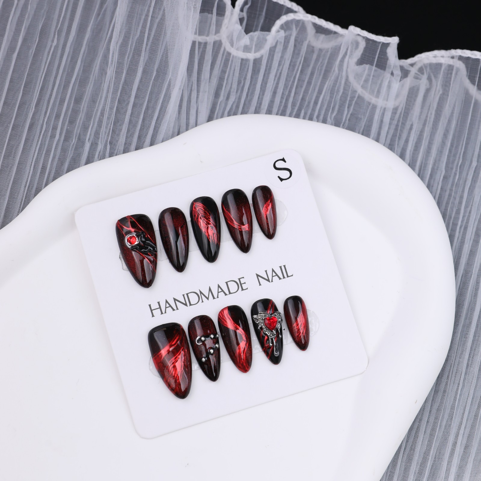 Press On Nails Medium Almond Black Red Cat Eye Rhinestone Gothic Halloween Nails
