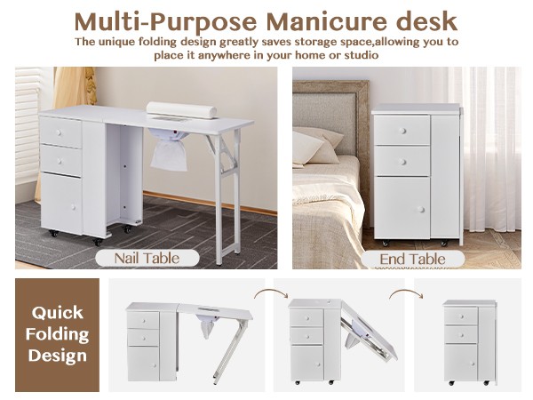 Foldable Nail Table with Dust Collector, Wheels & Multiple Drawers – White