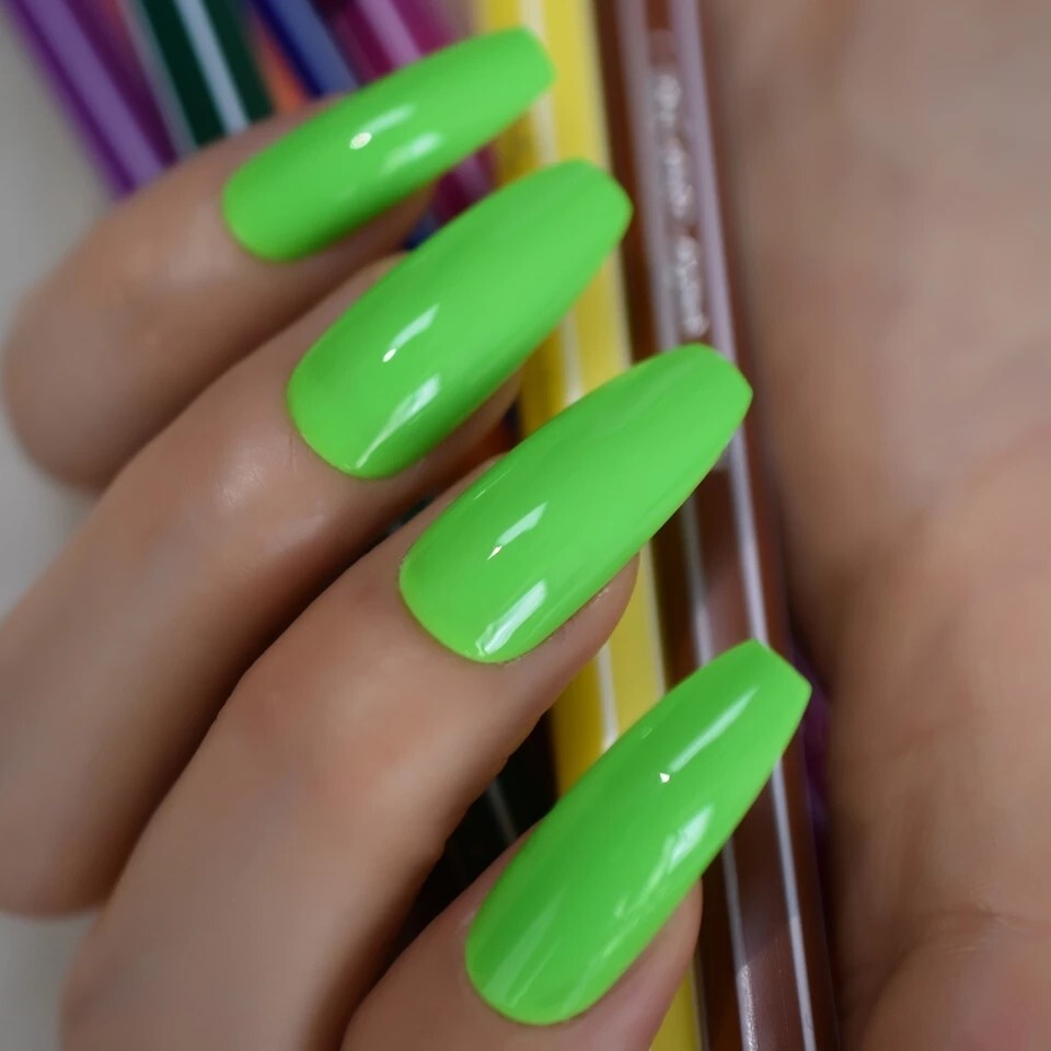24 Bright Neon Long Press on nails glue 80s rave miami Pink orange blue green