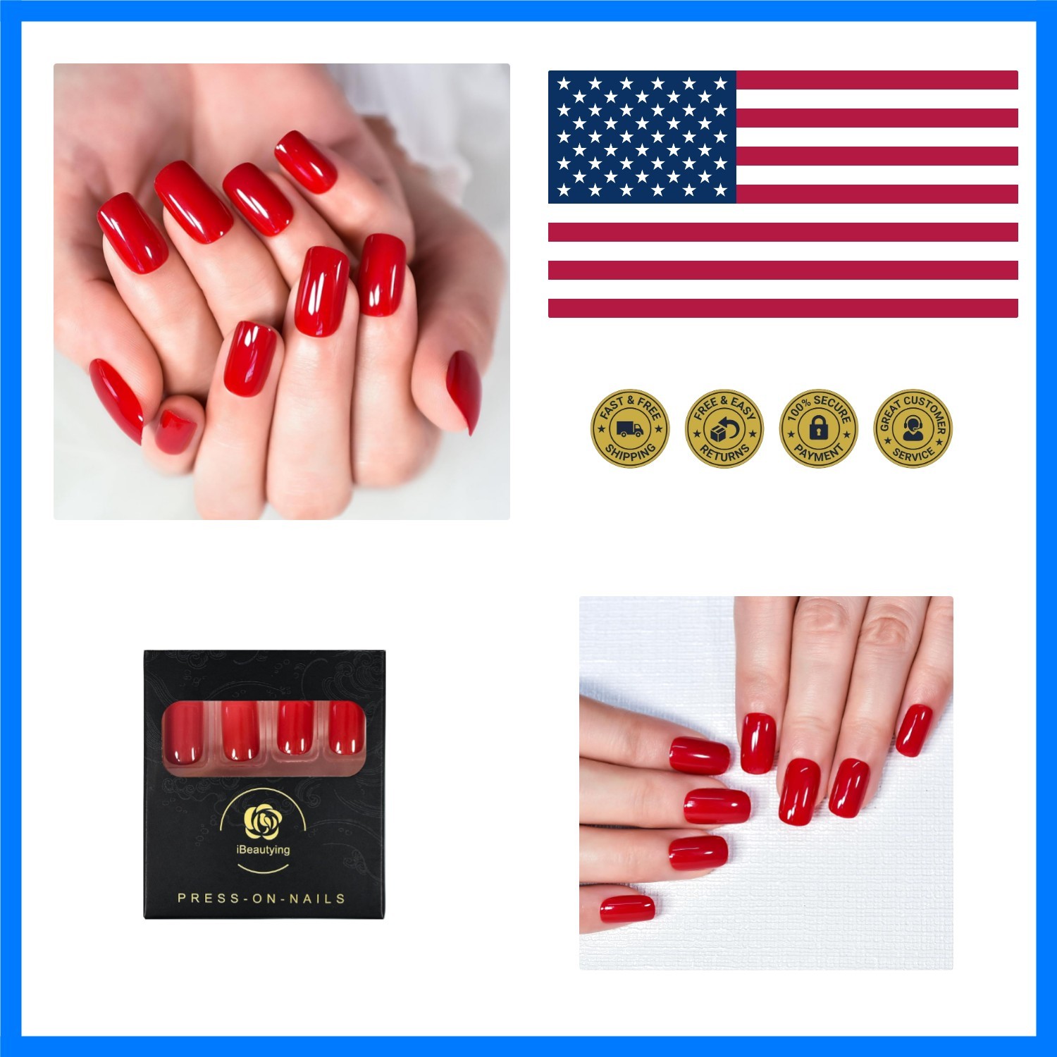 Chinese Bright Red Press on Nails – False Nails – Glossy Blood Red Finish Fin…