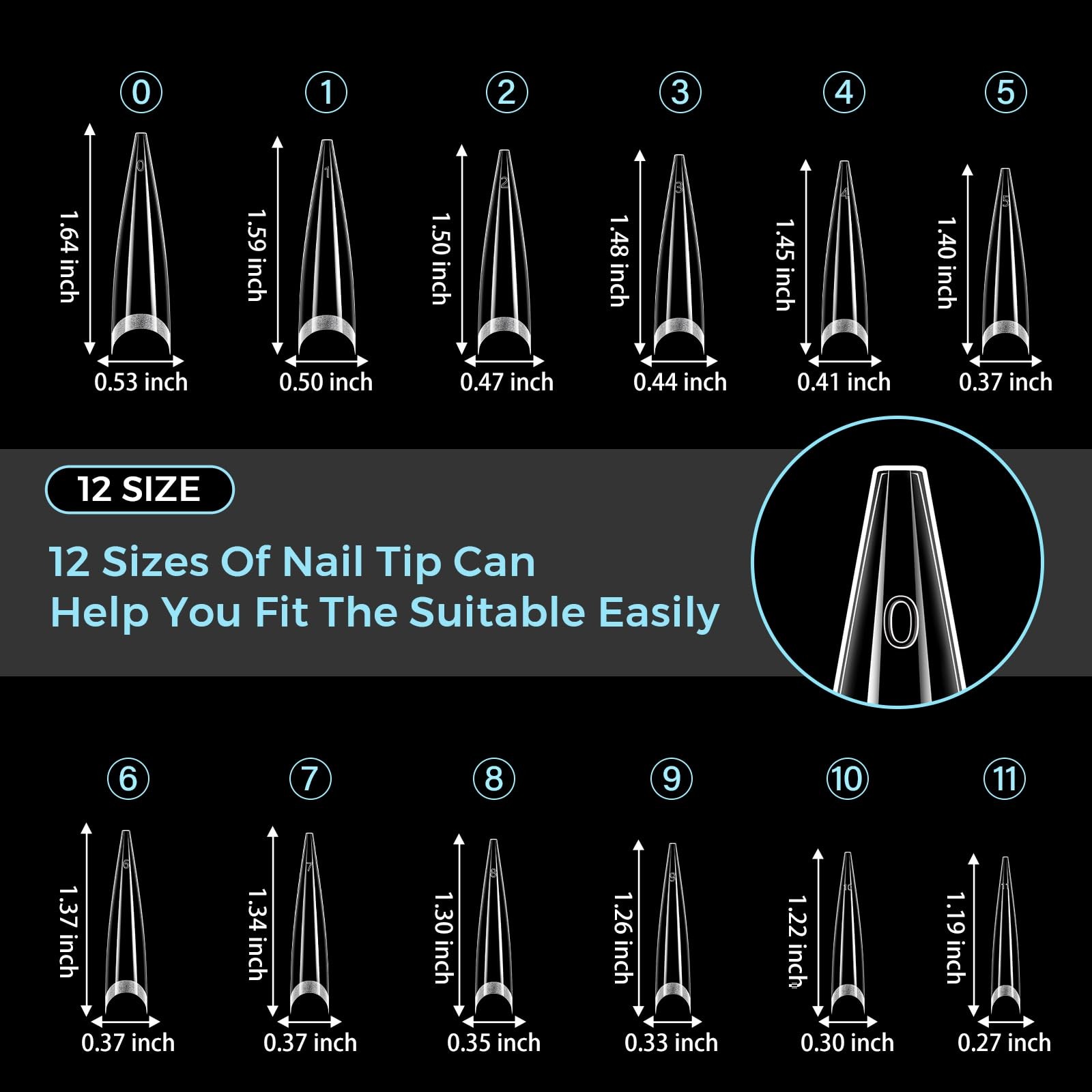 TOMICCA 504-XXL Stiletto Nail Tips Clear Half Cover 12 Sizes