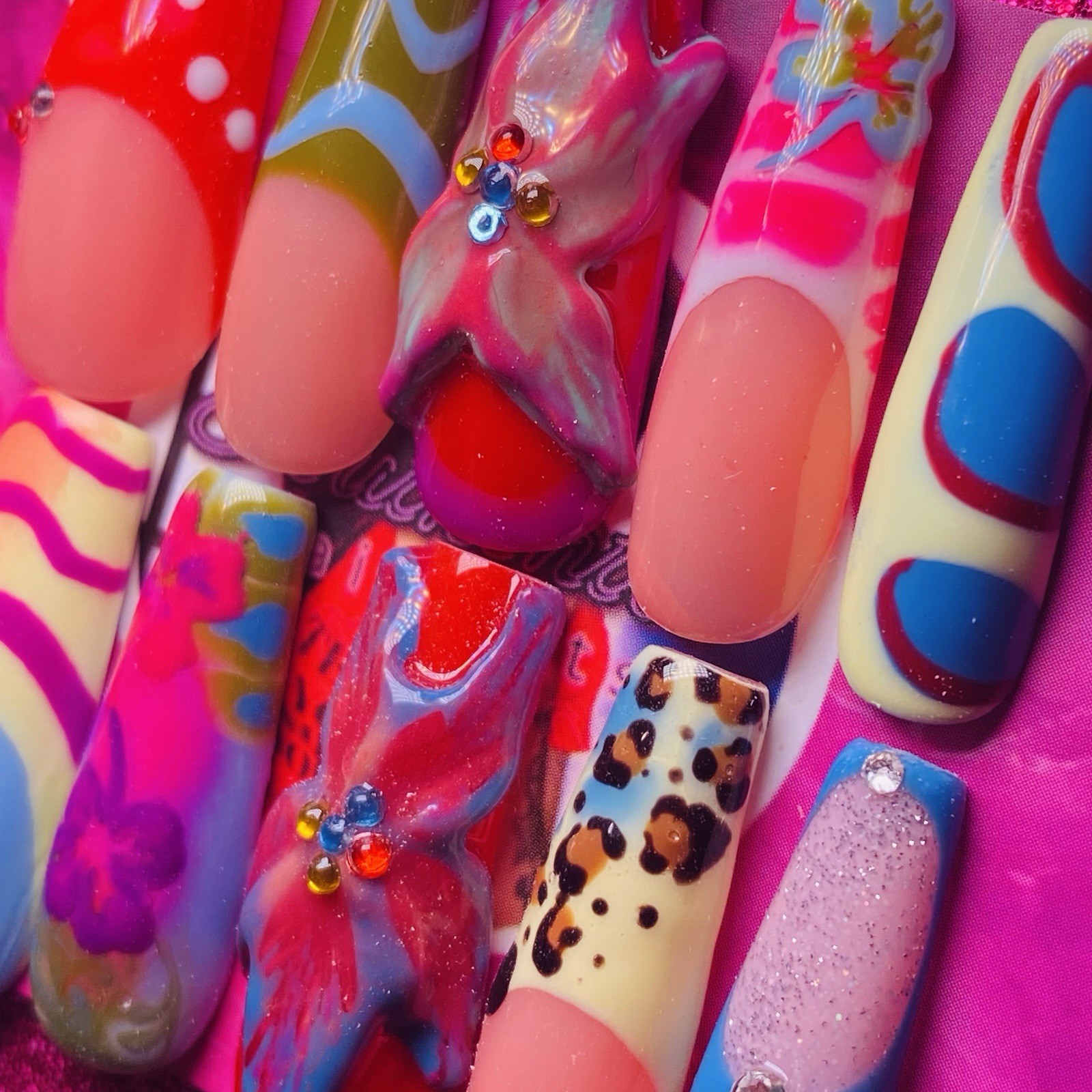Authentic Nail Arts by Dia Long Coffin Press-On Nails Multicolor 3D Shiny