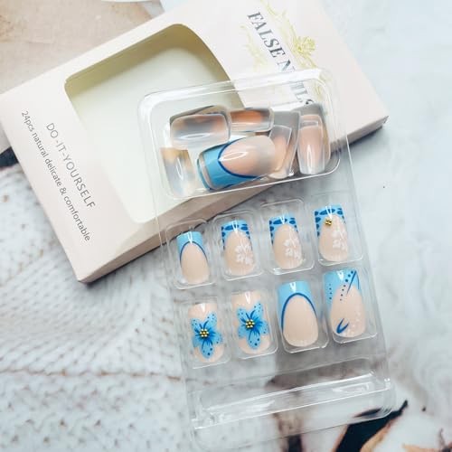 Set of 24 Short Square Fake Blue French Tip Nails – 6 Pieces