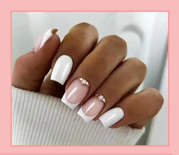 Press On Nails White Square French Tip 24pcs With Glue