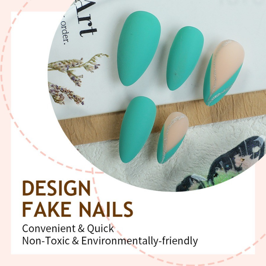 48pcs-Tropical Teal Press on Nail, Almond Nails with Nude Base and Silver Accent