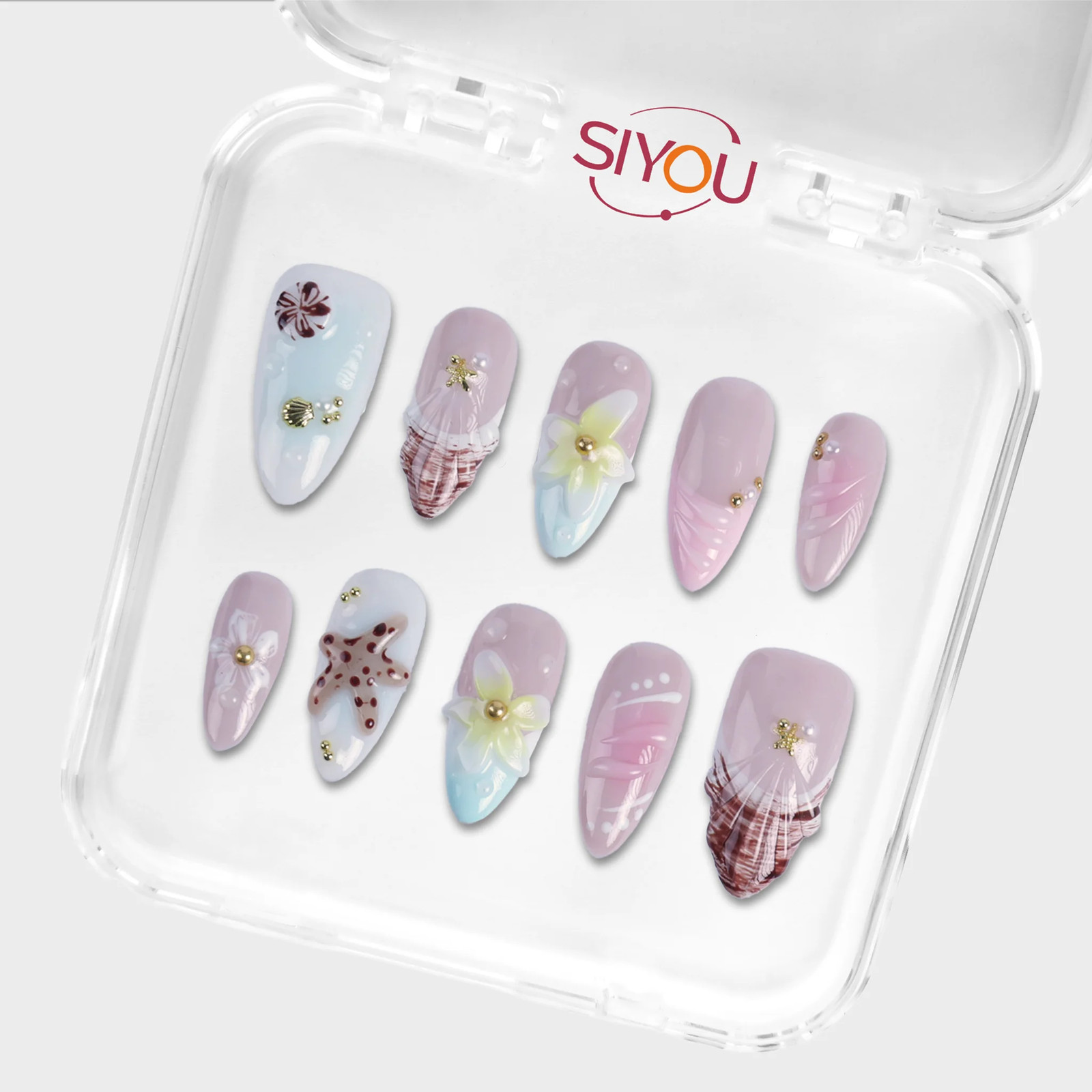SIYOU Venus Medium Almond Blush Seashell Pearl Press-On Nails 10pc