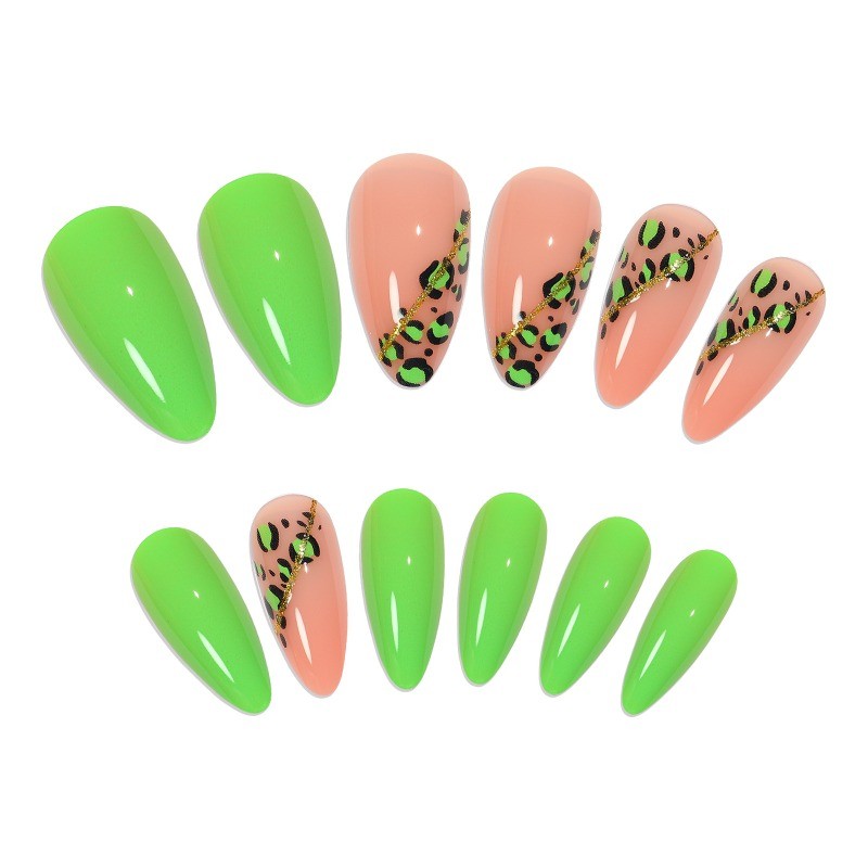 48pcs-Bright Green & Pink Nails, Almond with Leopard Print and Gold Line Accents