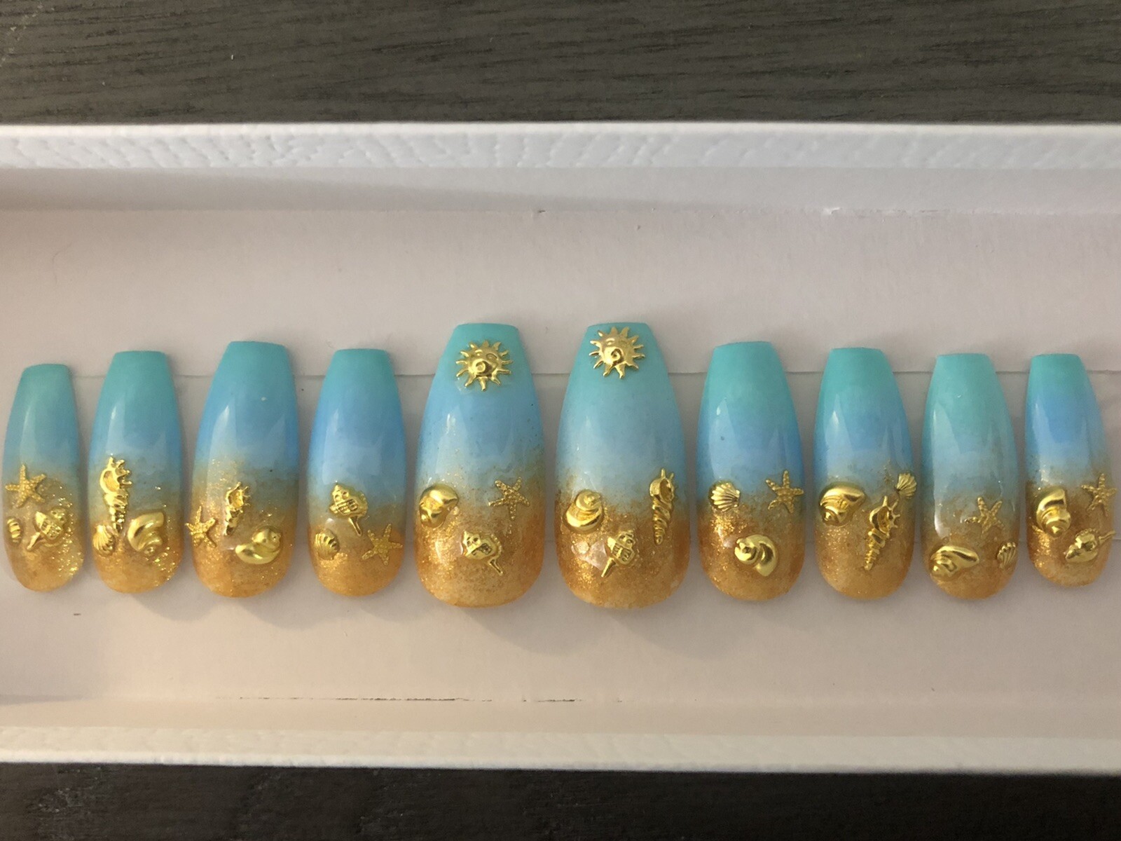 Green Blue Beachy with shell charms press on nails