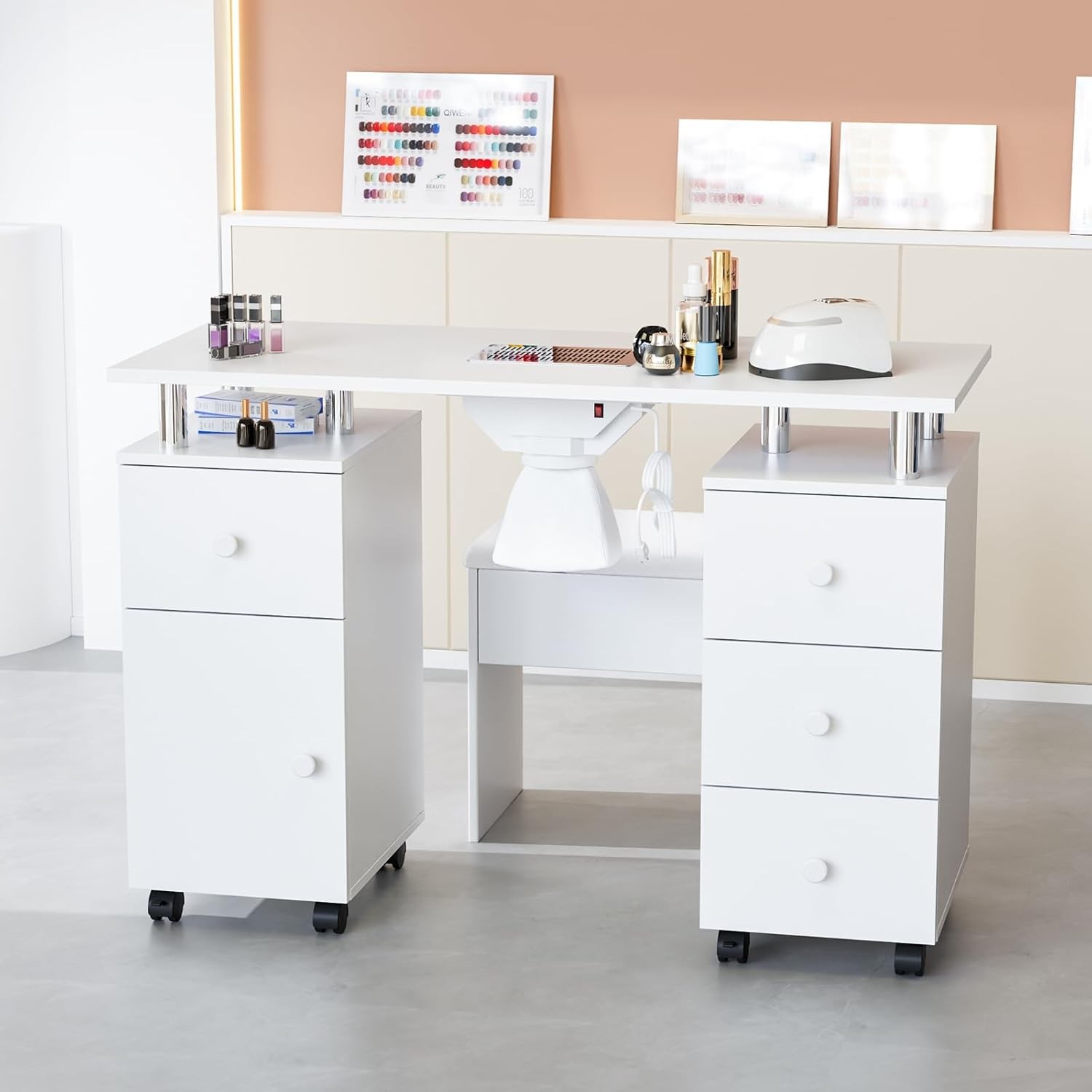 New Nail Tech Desk with Stool, Integrated Dust Collector for Makeup Beauty Salon