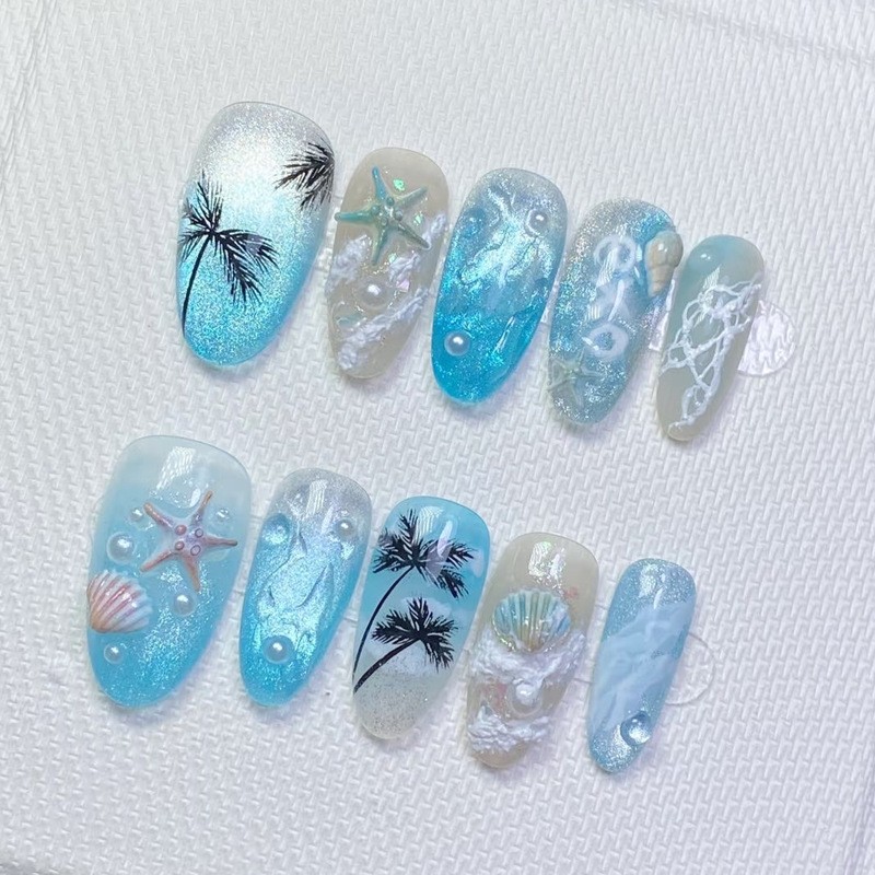 60Pcs-Blue Ocean 3D Starfish Shell Short Square Press on Nails Palm Tree Tips
