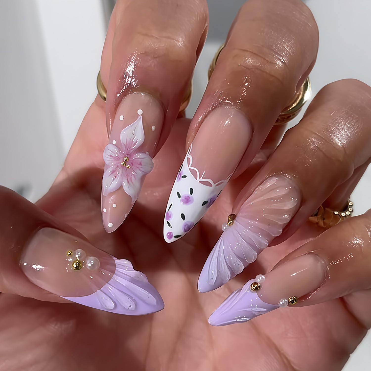 24 Pcs Purple French Tip Press on Nails Flower False Nails with Spring Summer Fl