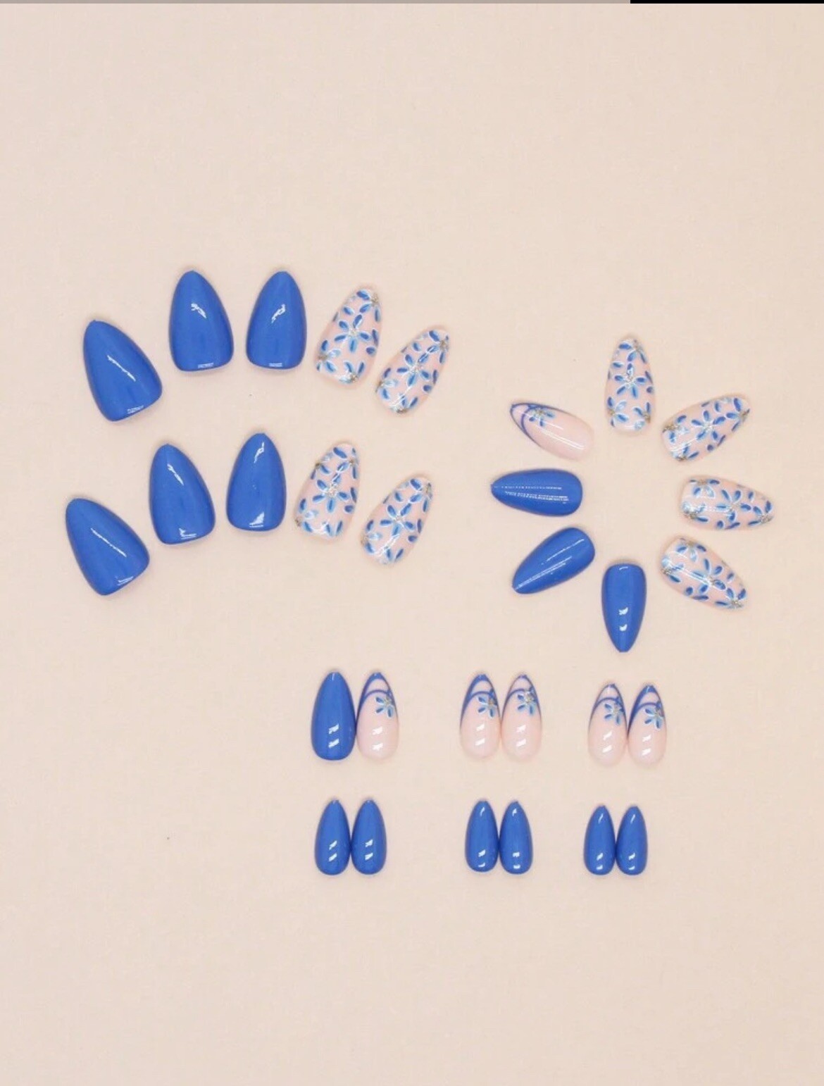 Blue Floral Press-On Nails Medium Almond Full Cover Fake Nails Set