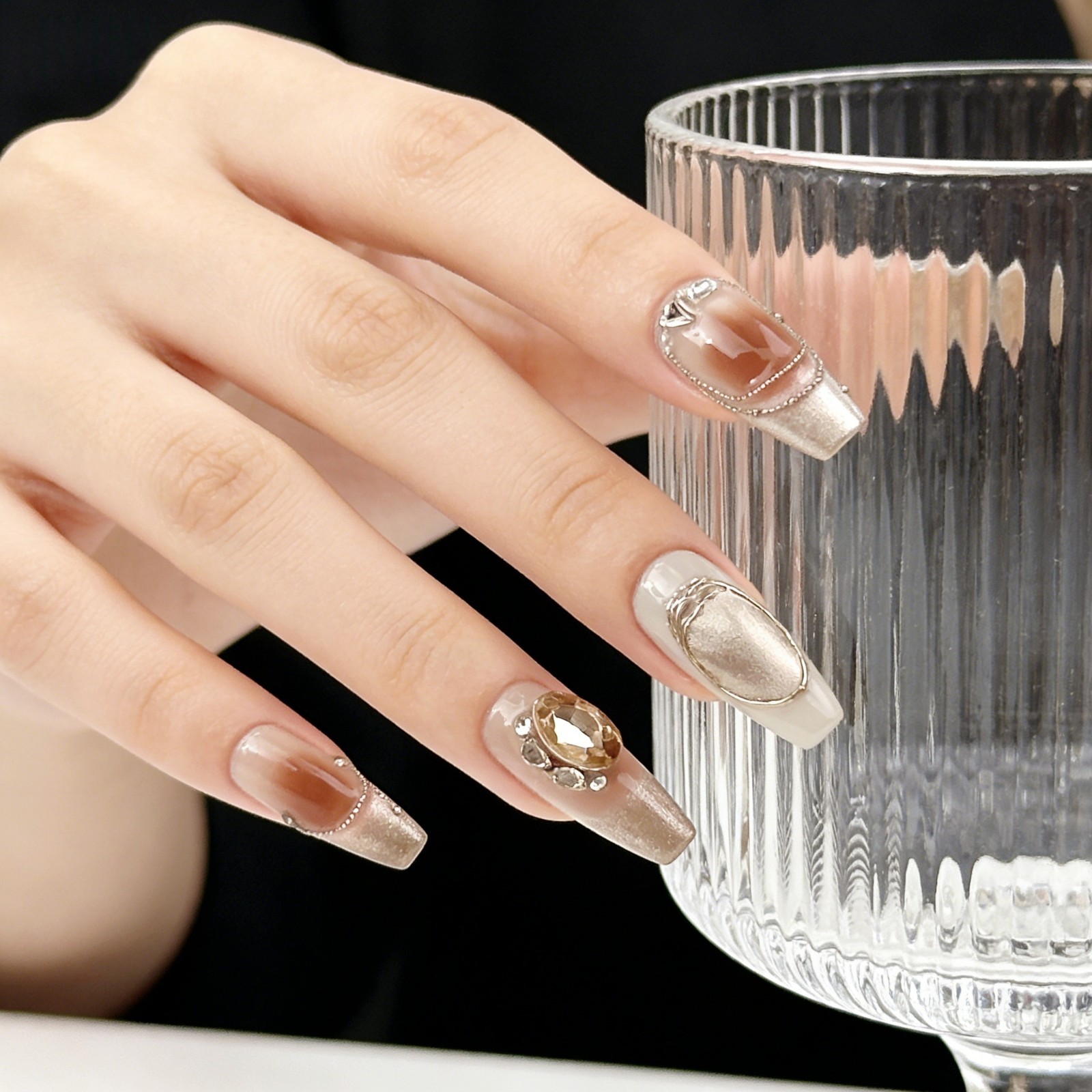 Marble Brown Cat Eye Amber Press On Nails, 3D Gold Luxury Handmade Nail Set
