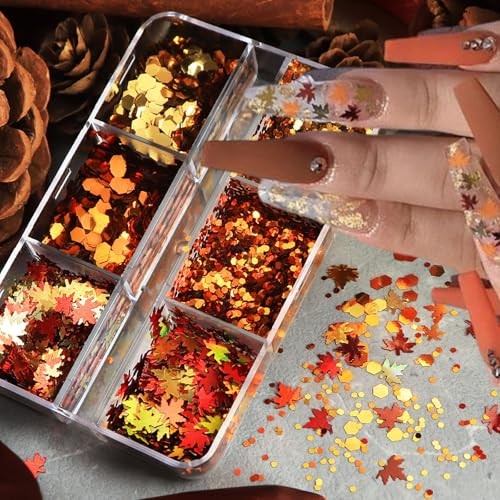 1 Box 6 Color Holographic Hexagonal Nail Glitter Fall Maple Leaf Nail YHN31