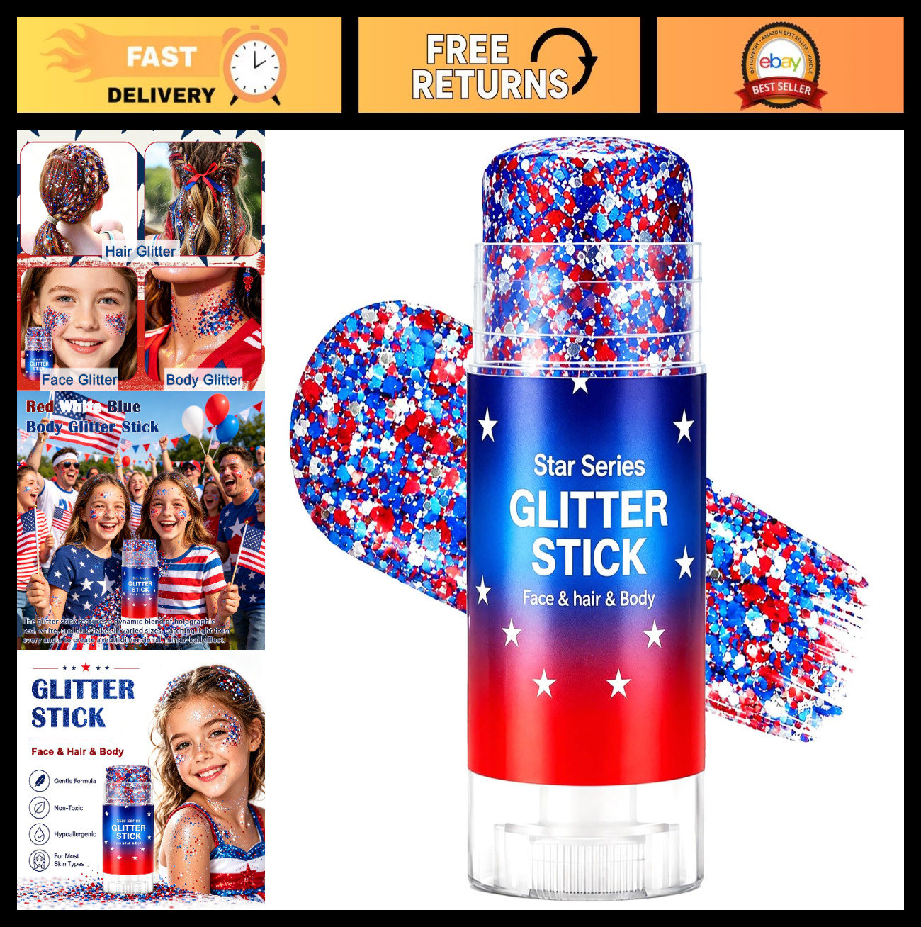 4th of July Body Glitter Stick – Red White Blue Star Face & Hair Glitter for Kid