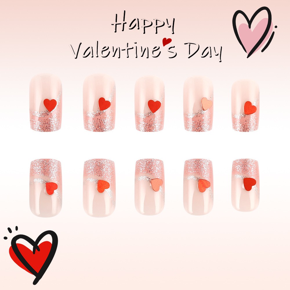 24pcs Short Pink Heart Glitter Nails. Shiny, Reusable for Parties & Any Occasion
