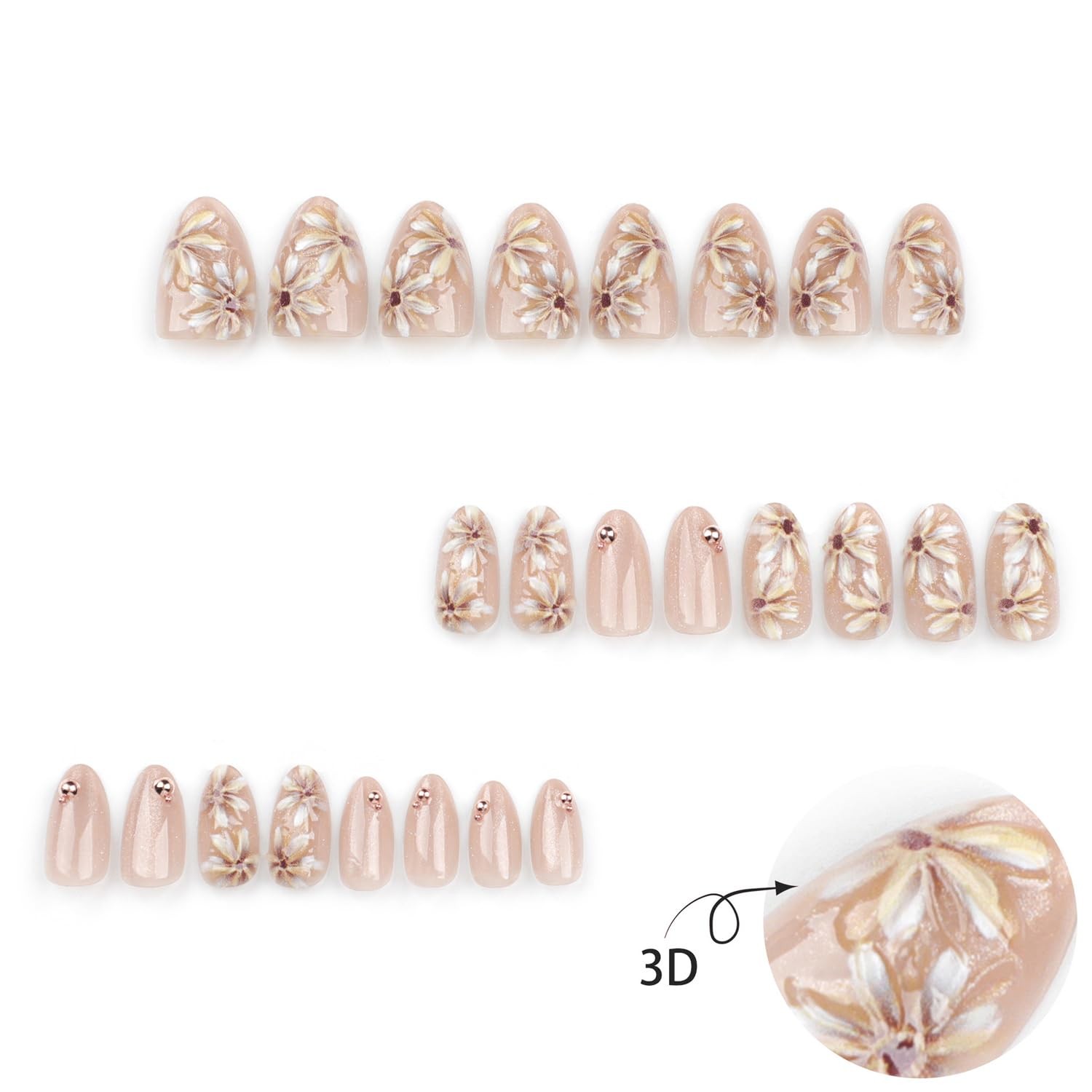 24Pcs Flower Press on Nails Short Almond Fake Nails with 3D Gold Beads Design…