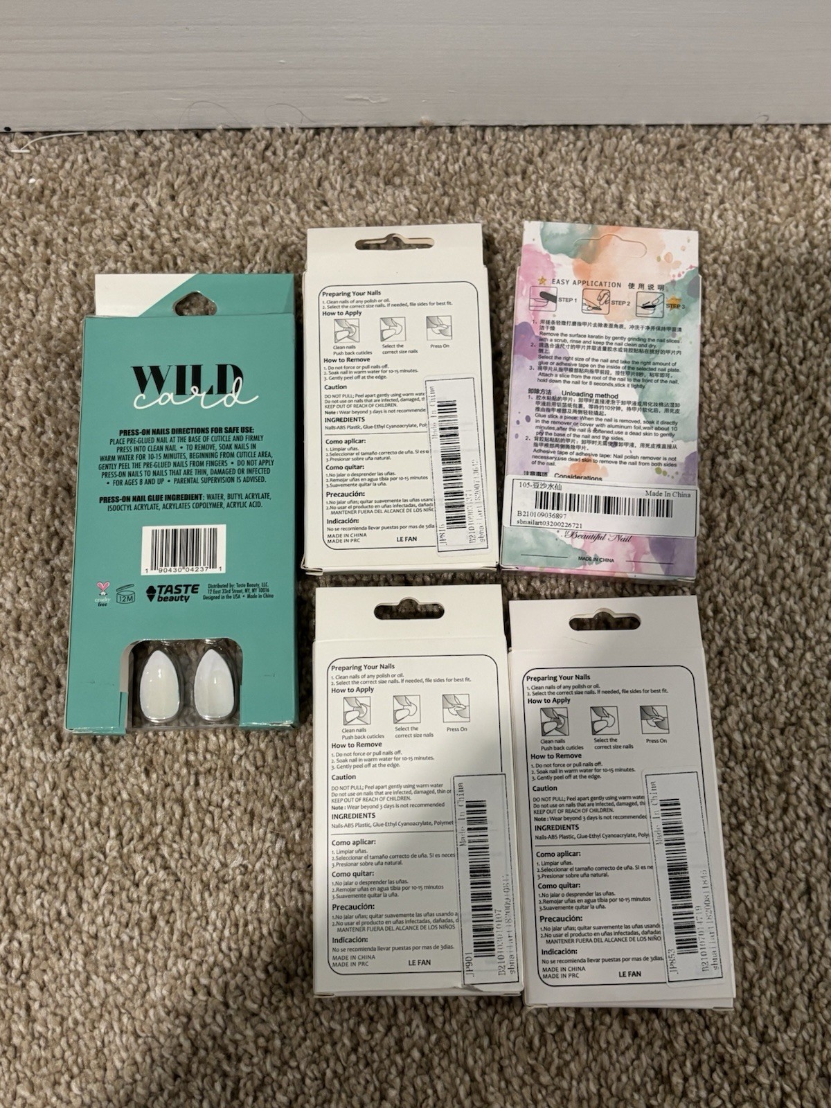 5 Packs of Press on Nails from SHEIN & 5 Below, Cheetah, Cow Print, Mint, Almond