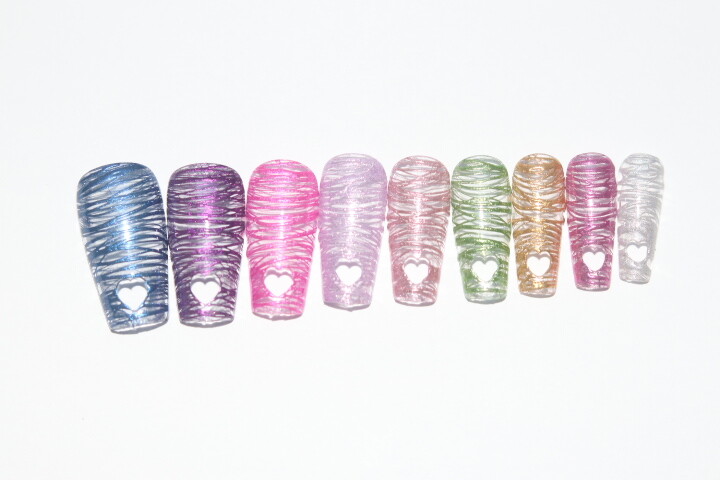 Chrome Rainbow with Heart tips- press on nail set- Set of 18 sizes 0-8