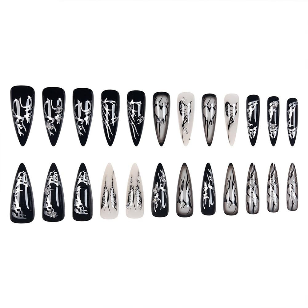 24PCS Long Press on Nails Almond Shaped Goth Black White Full Cover Artificial F
