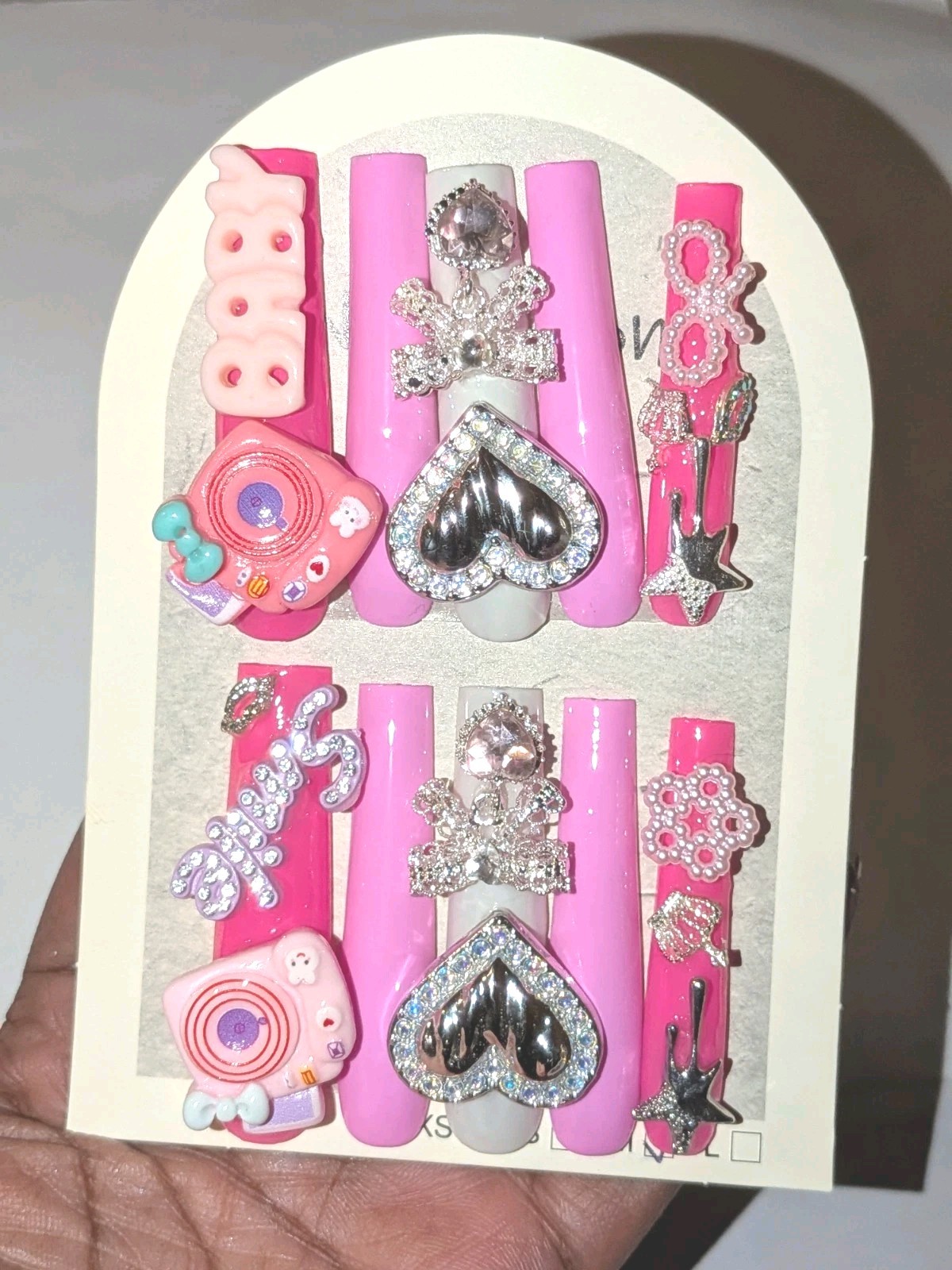 Handmade 3xl Acrylic Pink Rhinestone Heart & Bow Decorative Press-On Nails Sz L