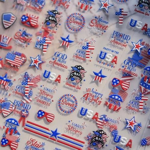 4th of July Summer Nail Designs 5D Embossed Red Blue Flower Spring1 Spring-29