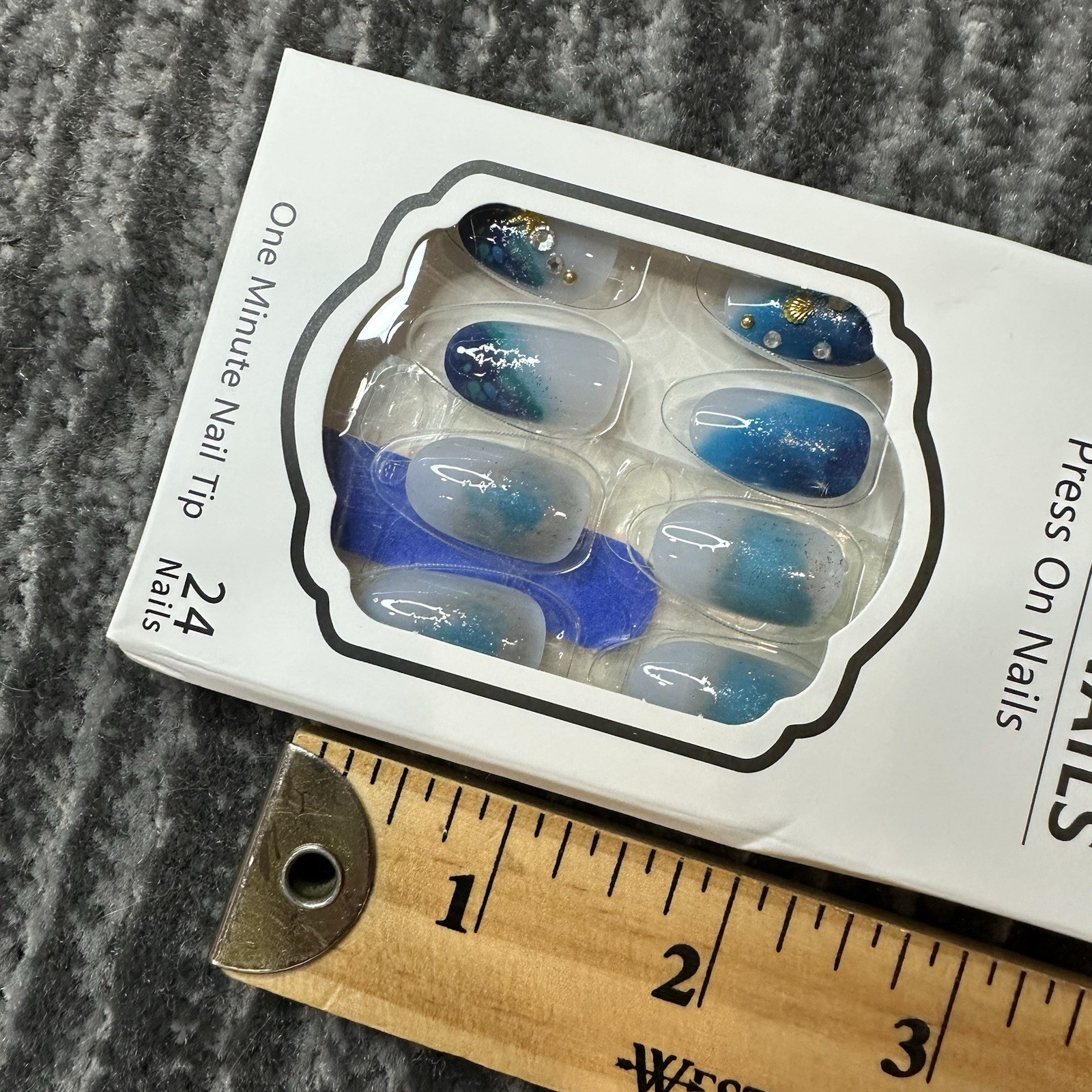 Fake Nails 3D Blue Press On 24 Pack Kit Shell Ocean Gradient Medium Oval New