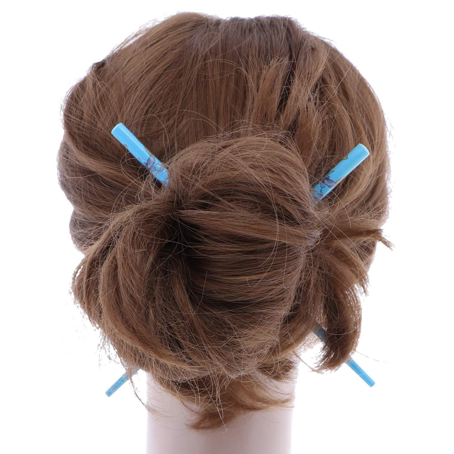 Set of Two Women’s Wooden Hair Sticks With Butterflies Chopsticks Light Blue