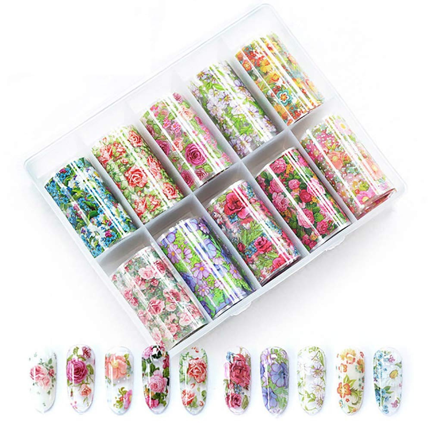 WOKOTO 10 Rolls Nail Art Foil Transfer Stickers Tips Flower Design Nail Wraps…