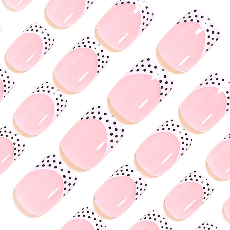 48pcs Medium Square Press On Nails,Nude Base with White French Tip & Black Polka