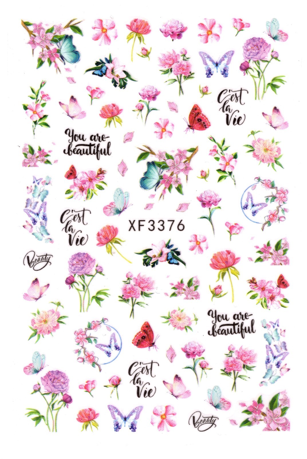 Nail Art 3D Decal Stickers beautiful purple red pink flower butterfly XF3376