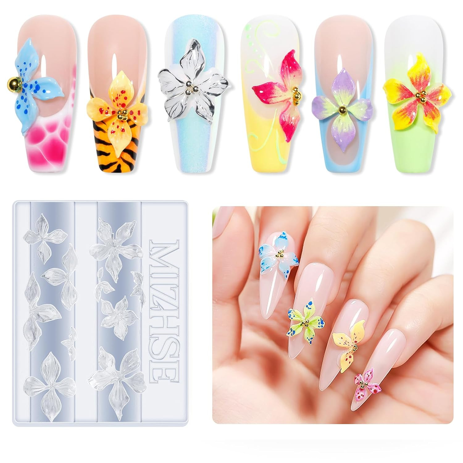 3D Nail Molds for Nail Art, 1PC Silicone 3D Flower Charm Nail Molds for 3D Sculp