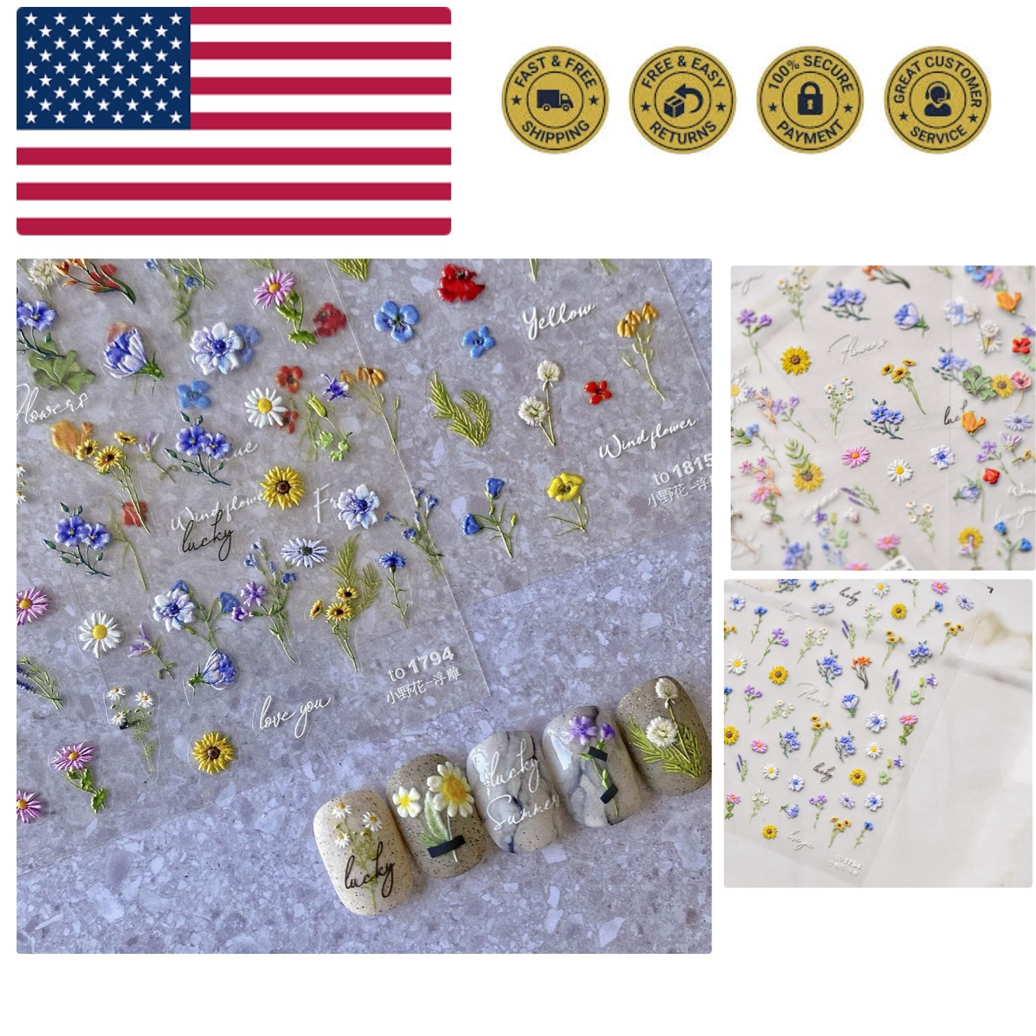 Flower Nail Art Stickers Decals 5D Flowers Nail Stickers Summer Daisy Sunflow…