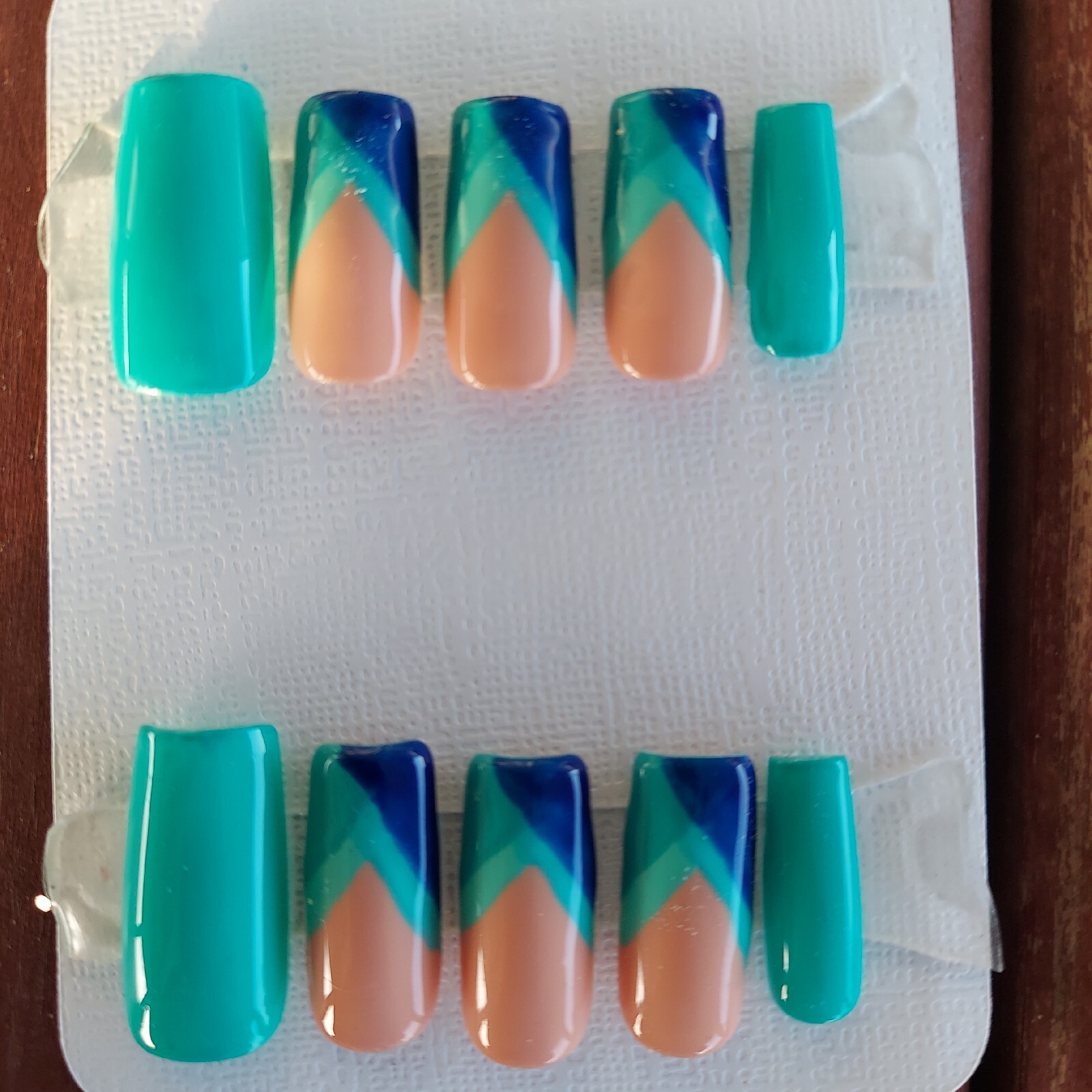 Blue Teal Turquoise Green Medium Long Square Press on Nails