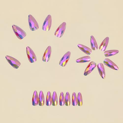 Press on Nails Medium Almond Fake Nails Pink Metal Chrome False Nails Style 13