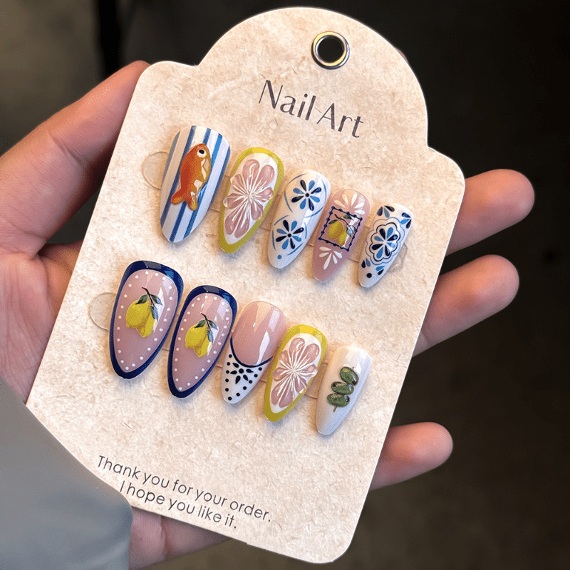 48pcs Oval Press on Nails, Blue White Lemon Fish 3D Hand Paint Summer Nails