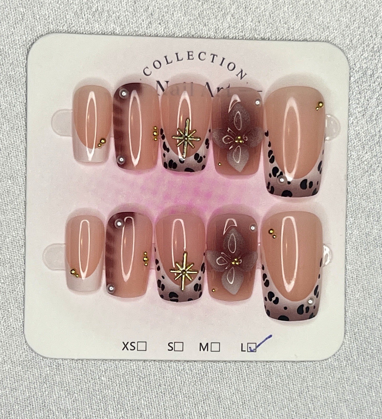 Long Square Beige Press-On Nails, 3D Floral & Animal Design, Full Cover size L
