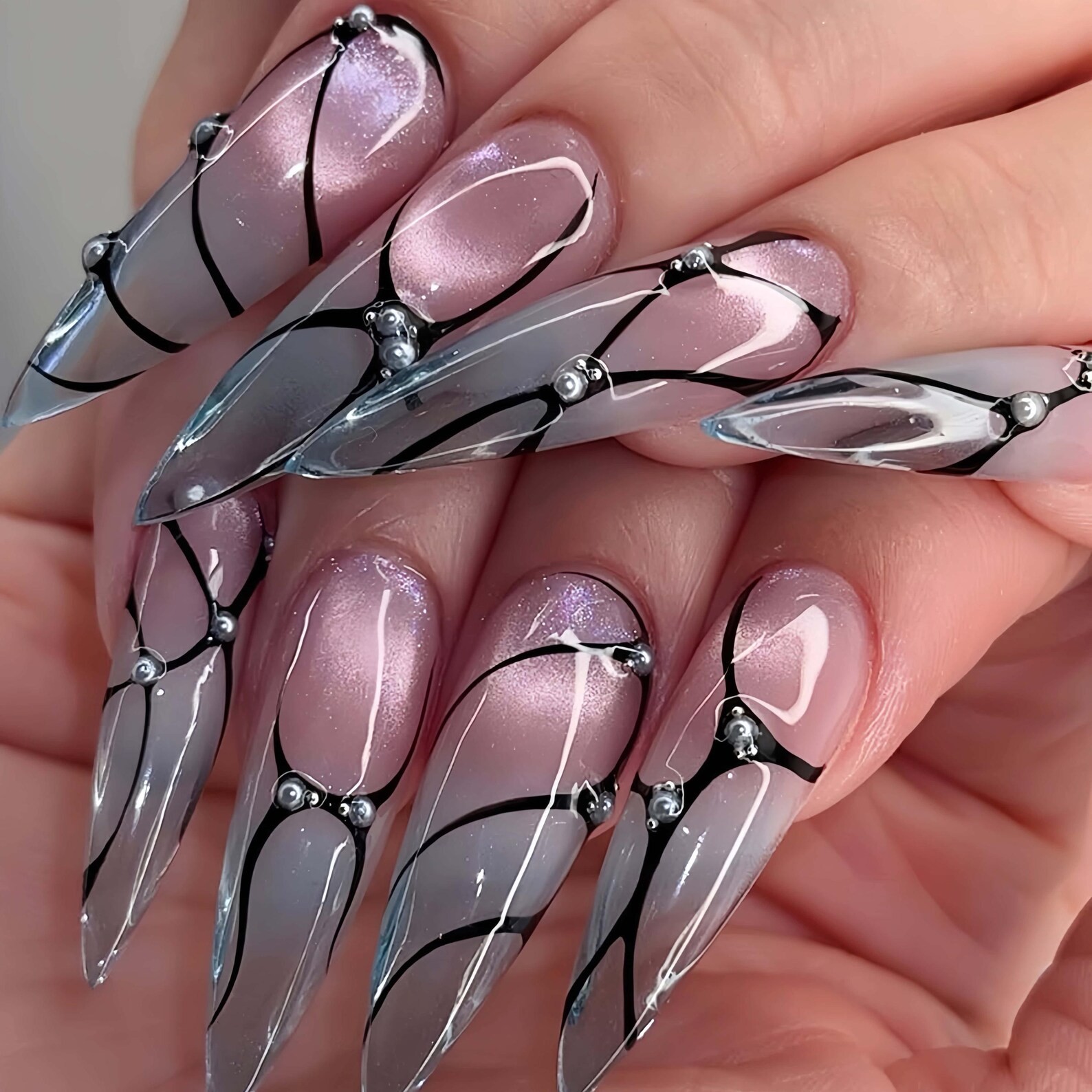 Handmade Pink Cat Eye Black Line Silver Bead Long Stiletto Press on Nails