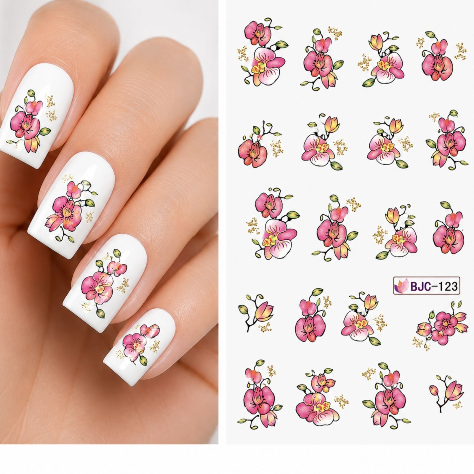 Pink Orchid Flower Nail Stickers Water Slide Decals Elegant Manicure Beauty Deco