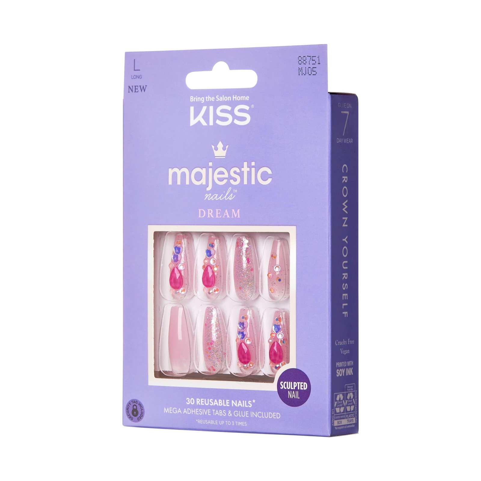 Majestic Press On Nails, Nail glue included, ‘Lovely Bubbly’, Pink, Long Size…